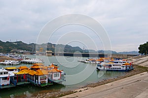 Boat and pier in Bingling Temple Lanzhou Gansu, China