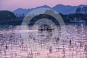 Boat Pink Reflection Sunset West Lake Hangzhou Zhejiang China