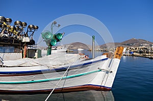 Boat at the port of Naoussa, Paros island, Cyclades, Greece