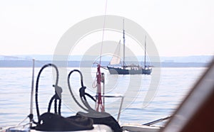 Boat porthole sailboat view blue ocean sea sky horizon