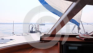 Boat porthole sailboat view blue ocean sea sky horizon