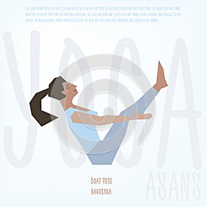 Boat Pose (Navasana) asana. Vector illustrated poster template with girl doing yoga exercises