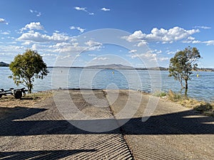 Boat Ramp with beautiful river views and blue sky of the Bowna Waters Reserve natural parkland on the foreshore of Lake Hume.