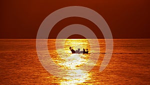 boat ran over the surface of the sea at sunrise. silhouette of small boat