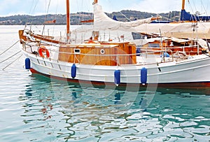 Boat reflection on sea at Porto Heli Argolis Greece