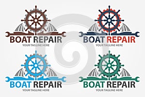 Boat Repair, Maintenance, Refurbishment logo. Boat wheel with gear. Fix icon