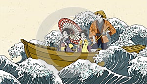 Boat ride trip in ukiyo-e style