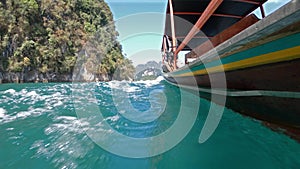 Boat ride , tropical Thai jungle lake Cheo lan, wooden mountains nature, national park ship yacht rocks