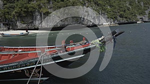 Boat ride , tropical Thai jungle lake Cheo lan, woodrn mountains nature, national park ship yacht rocks