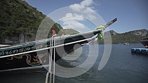 Boat ride , tropical Thai jungle lake Cheo lan, woodrn mountains nature, national park ship yacht rocks