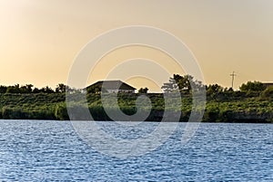 Boat in the rive with sunset lighting