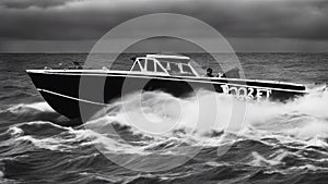 boat on the river black and white photo A scary speed boat with storms, rocks,