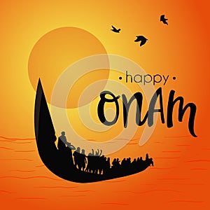 Boat at river on decorative background for South Indian Festival Onam.