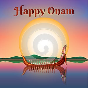 Boat on the river on a decorative background for the South Indian Onam festival. Gradient image illustration.