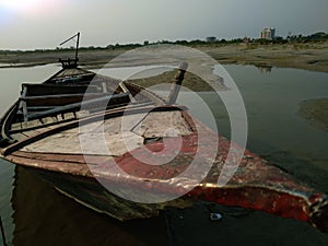 Boat in river Padma in summer.