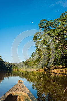 boat in the river in the peruvian Amazon jungle at Madre de Dios Peru