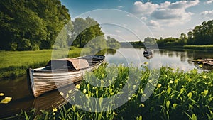 boat on the river Spring summer landscape blue sky clouds Narew river boat green trees countryside grass