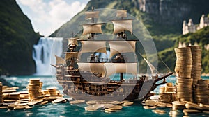 boat on the river Steam punk cruise ship with a waterfall of coins, with a landscape of pirate ships and treasures,