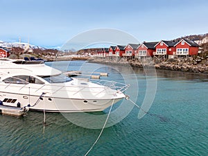 Boat and rorbu cabins in Stokmarknes, Vesteralen, Norway