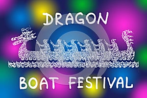 Boat with rowers. Dragon Boat Festival. Symbolic cartoon drawing in brights colors.