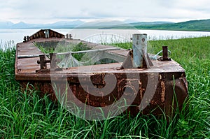 boat run aground at island Paramushir, Russia