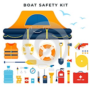 Boat safety kit, set of icons. Water rescue. Survival after a ship wreck. Equipment and tools for saving life. Vector