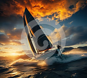 A boat with a sail goes through the waves.