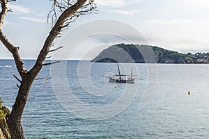 Boat sailing in the Mediterranean Sea in Catalonia, Spain