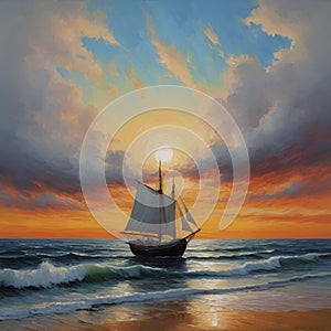 A boat sailing at the ocean, with suntise, orange sky, clouds, oil painting, simple art, artistic