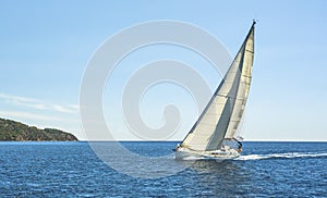 Boat in sailing regatta on Aegean Sea. Nature.