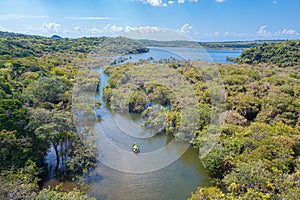 Boat Sailing on the river in the Floresta Encantada - Alter do ChÃÂ£o, ParÃÂ¡, Brazil