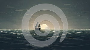A boat sailing through rough waters, symbolizing the journey of navigating through change and transitions. minimal 2d