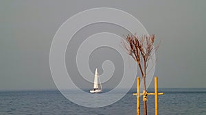 A boat is sailing at the seashore of Izmir.