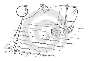 Boat Sails Away, Goodbye, Vector Cartoon Stick Figure Illustration