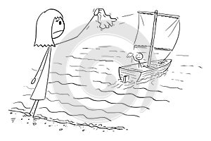 Boat Sails Away, Goodbye, Vector Cartoon Stick Figure Illustration