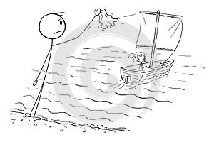 Boat Sails Away with Woman, Goodbye, Vector Cartoon Stick Figure Illustration