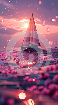 A boat sails on liquid under pink sky at dusk surrounded by flowers