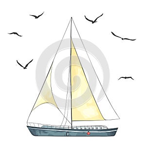 Boat with sails and seagulls made in the vector