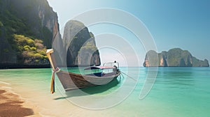 boat on sand of Maya bay Phi phi island. AI Generative