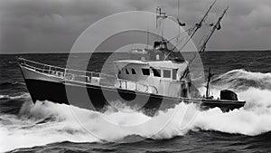 boat in the sea black and white photo of A scary sport fishing boat in an ocean, with storm