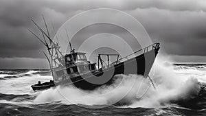 boat in the sea black and white photo of A scary sport fishing boat in a sea