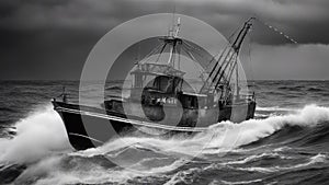 boat in the sea black and white photo of A scary sport fishing boat in a sea of blood, with storms,