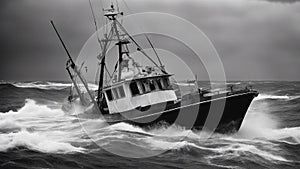 boat in the sea black and white photo of A scary sport fishing boat in a sea with storm