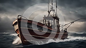 boat in the sea A scary sport fishing boat in a sea of blood, with storms,