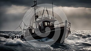 boat in the sea at sunset A scary sport fishing boat in a sea , with storms,