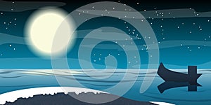 A boat and seascape with full moon, star and night sky. Nature landscape background