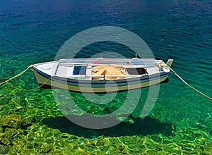 Boat seems to levitate on crystal clear sea