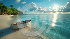 Boat on a serene tropical beach at sunset