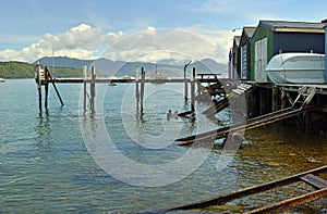 Boat sheds and ramps at Waikawa Bay, Picton, New Zealand photo
