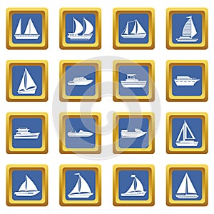 Boat and ship icons set blue
